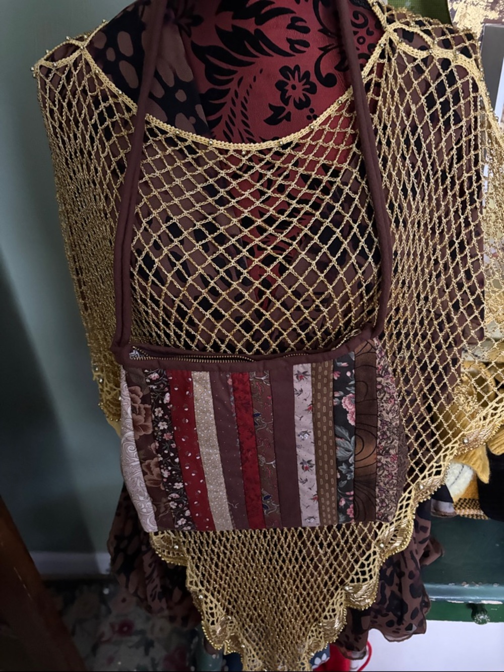 Handmade Patchwork Crossbody Bag in Brown and Burgundy